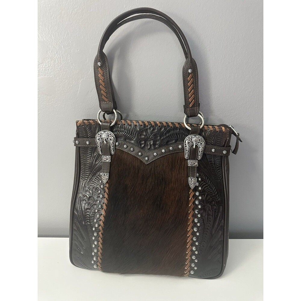 Leather Vintage AMERICAN WEST purse Animal Hair Western Tote Shoulder Bag EUC
